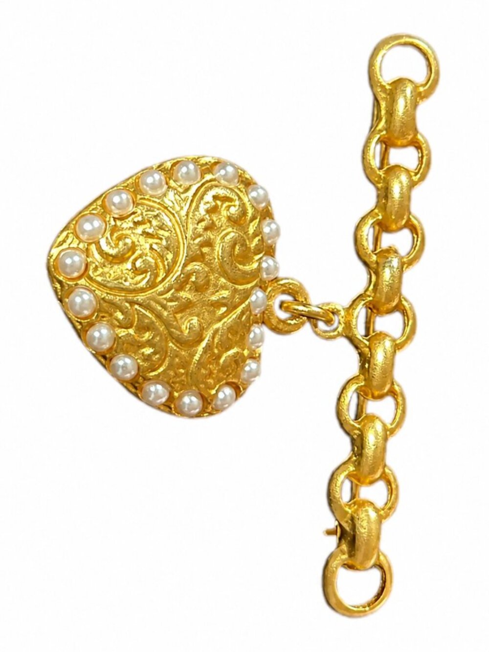 Vintage Gold Tone Faux Pearl Heart Dangle Bar Brooch